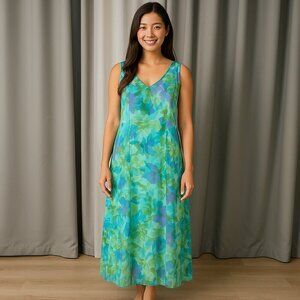 Villager Liz Claiborne Floral Maxi Dress Sleeveless V-Neck Size 14 Green, Blue